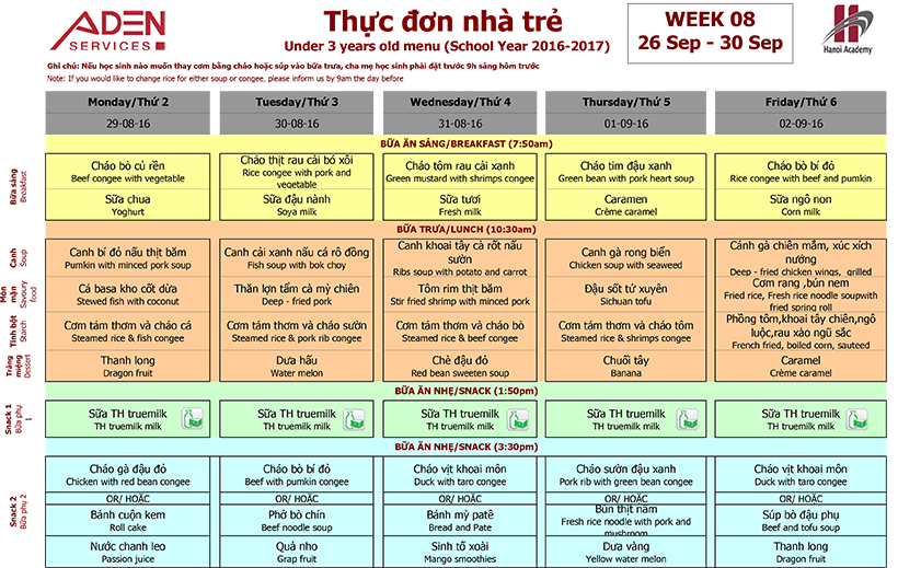 Menu -1 Week 08 menu (from 26/09 to 30/09)