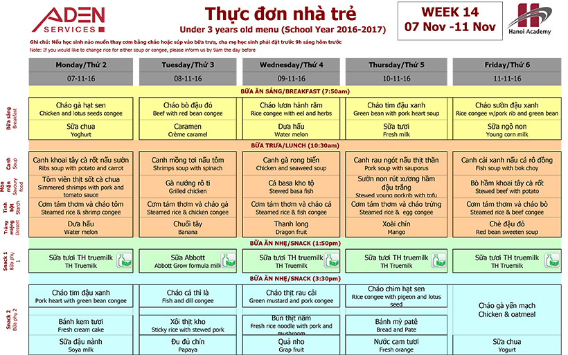 Menu 1 Week 14 menu (from 07/11 to 11/11)