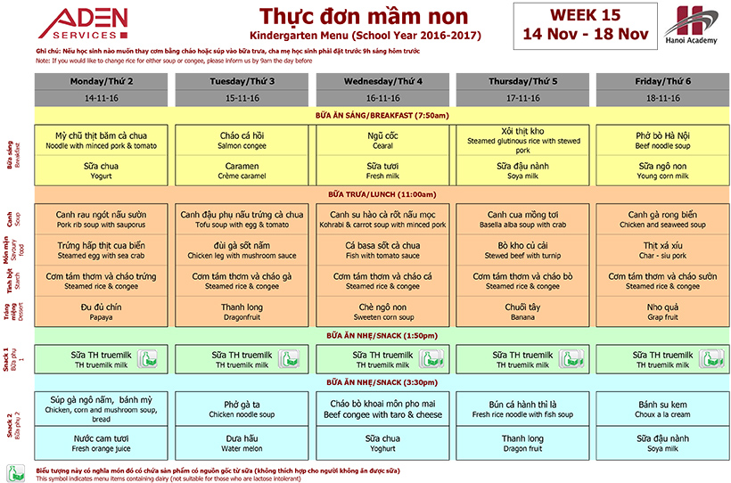 Menu 2 Week 15 menu (from 14/11 to 18/11)