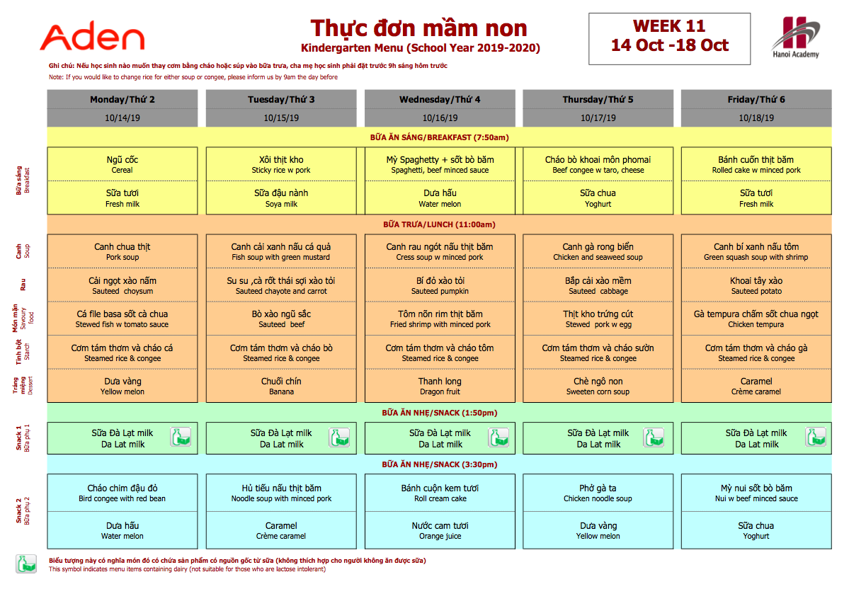 Thực đơn mầm non trường Hanoi Academy Thực đơn tuần 11 (14/10 – 18/10)